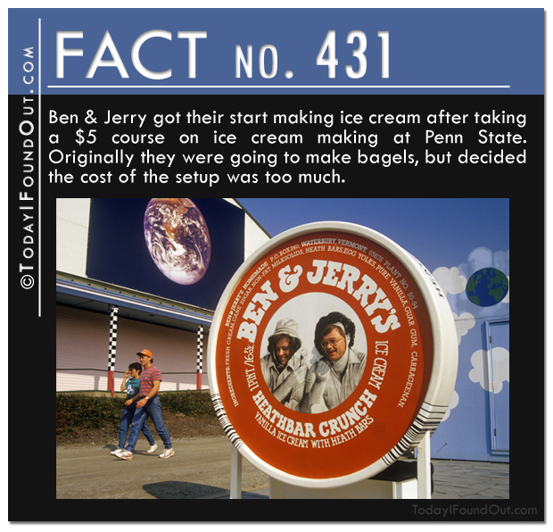 TIFO Quick Fact-Ben & Jerry got their start making ice cream after taking a $5 course on ice cream making at Penn State.  Originally they were going to make bagels, but decided the cost of the setup was too much.