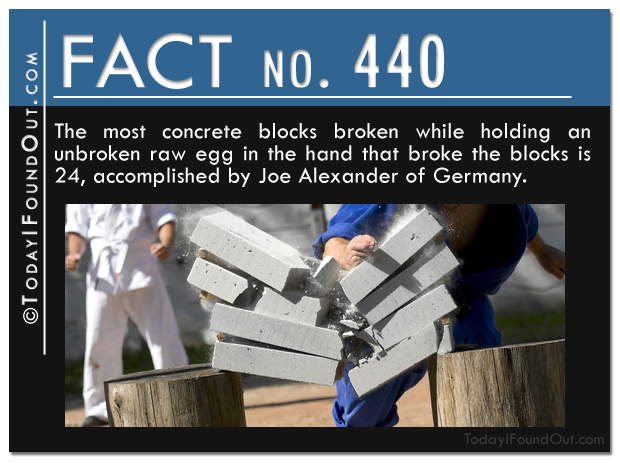 TIFO Quick Fact- The most concrete blocks broken while holding an unbroken raw egg in the hand that broke the blocks is 24, accomplished by Joe Alexander of Germany