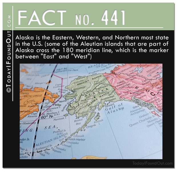 TIFO Quick Fact-Alaska is the Eastern, Western, and Northern most state in the U.S. Some of the Aleutian islands that are part of Alaska cross the 180 meridian line, which is the marker between East and West