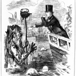 M0012507 Caricature: Faraday giving his card to Father Thames.