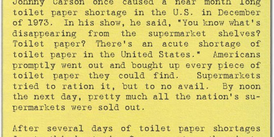 toilet paper shortage caused by Johnny Carson